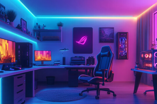 Interior of gaming room with modern computer and neon lighting. Playing cyber games and online entertainment concept.