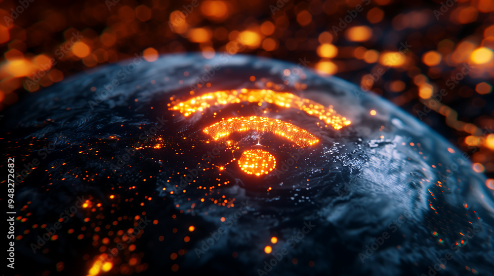 Poster a digital earth with a glowing wifi signal symbol, representing global connectivity and wireless com