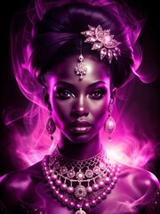 Obraz premium dark-skinned woman with beautiful makeup, jewelry on her body, on a bright smoky pink background