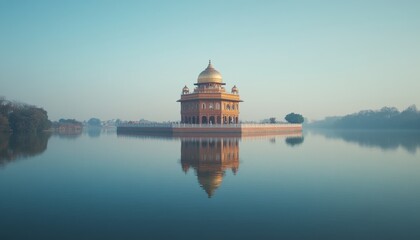 Fototapeta premium Serene Golden Sikh Gurdwara Reflection: Spiritual Sanctuary Mirrored in Calm Waters Under Clear Sky. Minimalist Composition Showcasing Religious Architecture, Cultural Heritage, and Tranquil Nature fo