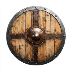 Fototapeta premium A Viking shield with battle scars, warrior's armor, soft wood and metal tones, isolated on white background