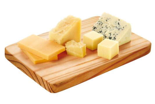t&aacute;bua de madeira com queijo cheddar, parmes&atilde;o, mussarela e gorgonzola isolado em fundo transparente - 4 queijos