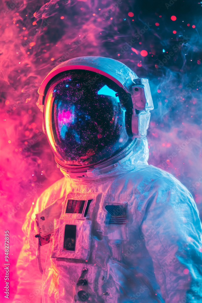 Sticker astronaut wearing helmet against abstract cosmic background. man in spacesuit with neon lighting and