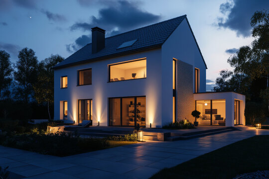 Modern family house with large windows and balcony is illuminated at dusk in suburban area. Main entrance of luxury residential building. Real estate and private property