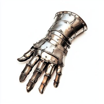 A medieval gauntlet with articulated fingers, knight's armor, soft metallic tones, isolated on white background