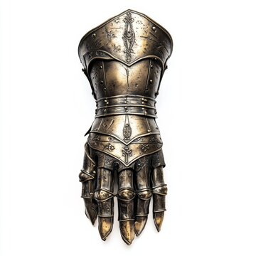 A medieval gauntlet with articulated fingers, knight's armor, soft metallic tones, isolated on white background