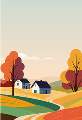 autumn rural landscape. a vertical drawing of nature, several rustic houses among hills and trees. minimalistic style. a bright vector illustration on an autumn theme