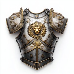 A breastplate with a lion's head emblem, medieval armor, soft silver and gold tones, isolated on white background