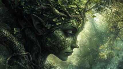 Fototapeta premium Enchanting Dryads: Ethereal Tree Spirits in Serene Naturebound Depiction