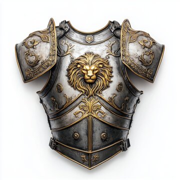 A breastplate with a lion's head emblem, medieval armor, soft silver and gold tones, isolated on white background