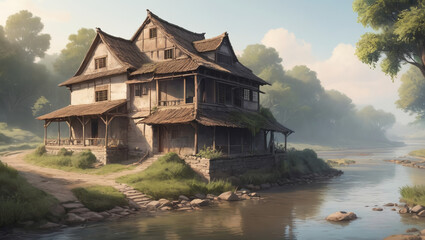 Obraz premium illustration of an ancient house by the river in the morning