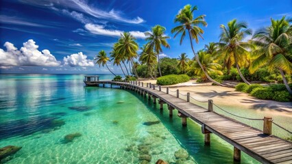Serenene coastal scenery featuring a tranquil beach with calm turquoise waters, lush green palm trees, and a scenic wooden pier under a clear blue sky.
