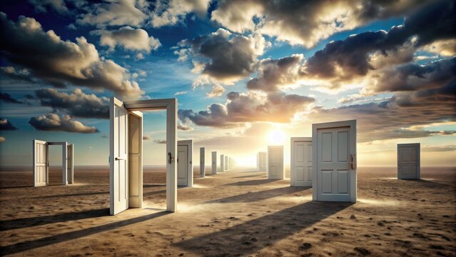 Vast, desolate landscape dotted with open rectangular doors, each portal beckoning to untrodden paths, symbolizing liberation, opportunity, and the pursuit of endless possibilities.