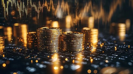 Stacks of golden bitcoins sit on a circuit board, illuminated by bokeh lights.