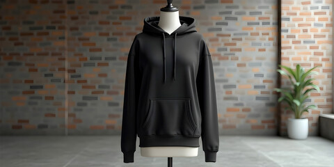 A black hoodie with a hood hanging on a hanger in a professional photo studio. The simple yet stylish garment is contrasted against the clean, well-lit studio setting