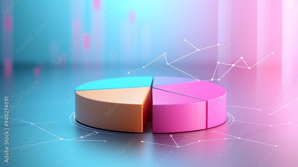 Poster a 3d pie chart graph set against a blue and pink gradient background, vibrant and informative.