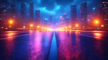 Obraz premium Modern city at night, featuring tall, illuminated skyscrapers with bright street lights lining the streets, creating a dynamic technological background.