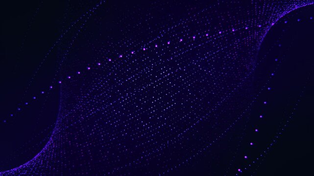 Looped cyberspace animation of twisted abstract form made of moving particles with bright dotted lines on a dark background with soft illumination. Computer technology screensaver. VJ loop , 4k 60 fps
