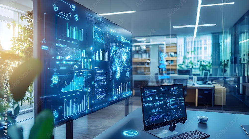 Poster sleek and modernized smart office workspace with customizable iot integrated technologies for improv