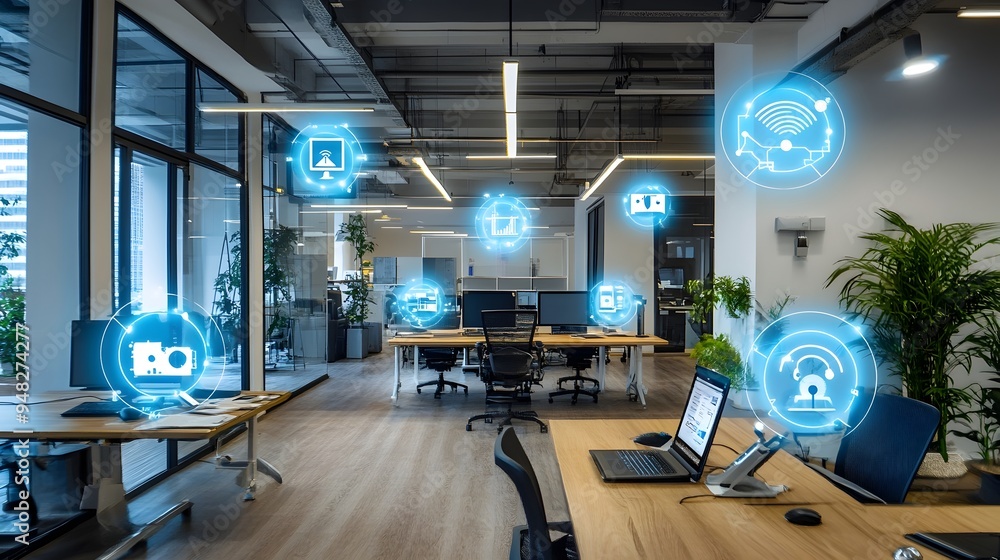 Poster photograph showcasing a smart office environment that leverages iot technology to enable intelligent