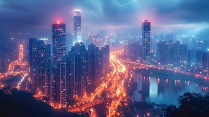 Obraz premium City skyline at night with advanced skyscrapers glowing, street lights illuminating the roads, and a technological aura permeating the scene.