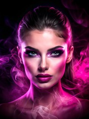 Fototapeta premium portrait of a woman in a pink haze on a black background