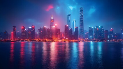 Obraz premium City skyline at night with advanced skyscrapers glowing, street lights illuminating the roads, and a technological aura permeating the scene.