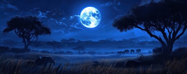 A haunted safari in the African savannah at night, with ghostly animals roaming under a full moon