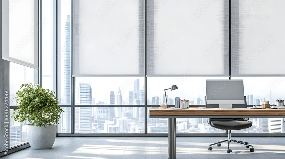 Poster intelligent iot controlled window shades automatically adjusting to natural light levels creating an
