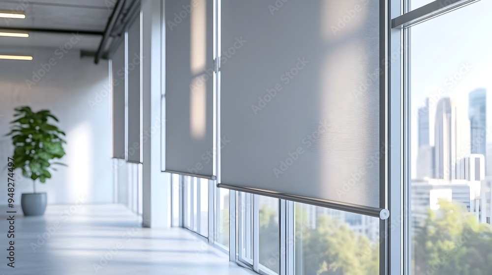 Poster photograph of a modern smart office interior with iot powered window shades that automatically adjus
