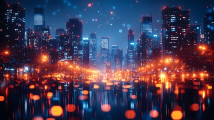 Obraz premium A technologically advanced urban landscape at night, featuring illuminated skyscrapers and street lights, reflecting a modern, high-tech cityscape.