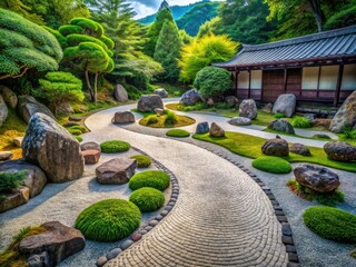 Obraz premium Serenely composed Zen garden featuring meticulously arranged rocks, a winding path, and vibrant greenery, creating a tranquil atmosphere for introspection and rejuvenation.
