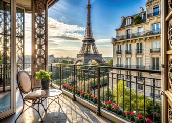Chic Parisian apartment with a balcony offering breathtaking views of the Eiffel Tower's iron latticework, perfect for romantic getaways and city breaks.