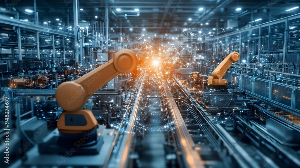 Poster cutting edge smart industrial factory floor with iot enabled machinery for efficient and automated p