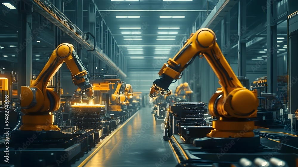 Poster photograph showcasing an iot enabled smart factory utilizing advanced automated robotics for efficie