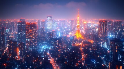 Nighttime cityscape with glowing skyscrapers and street lights, capturing the essence of a technologically advanced urban area.