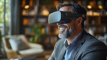Professional man in a business suit, smiling while using virtual reality goggles at his office desk, interacting with an imaginary environment.