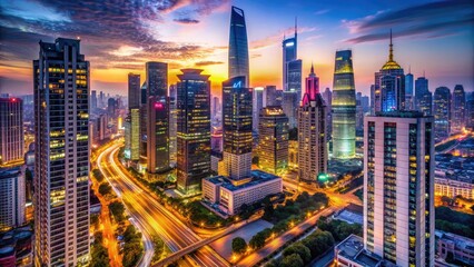 Modern cityscape with sleek skyscrapers, bustling streets, neon lights, and urban infrastructure, capturing the vibrant essence of metropolitan lifestyle and architecture.