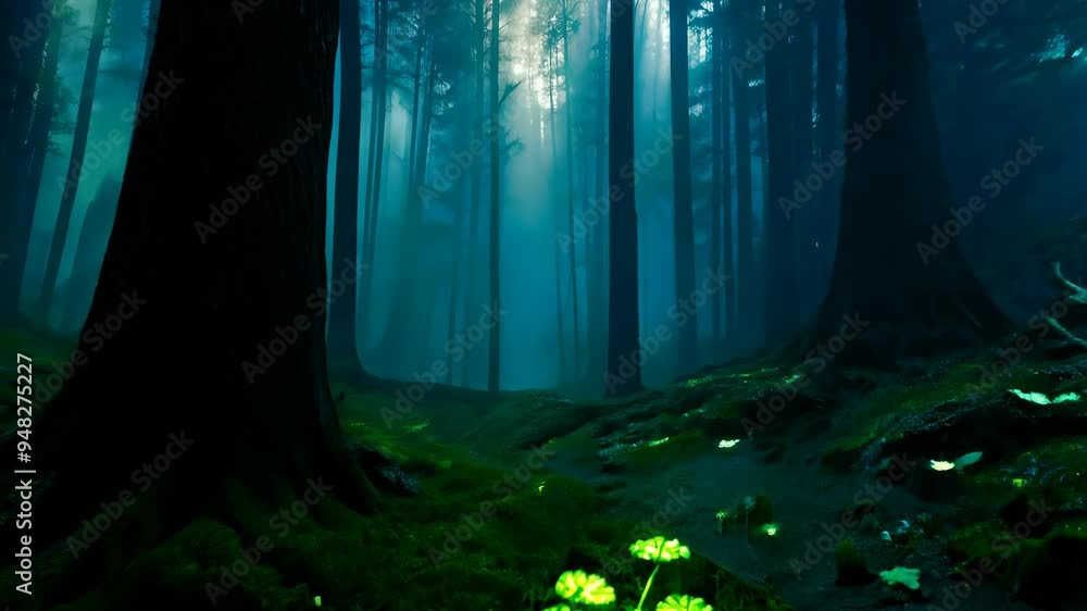 Poster exploring the enchanting blue forest illuminated by sunlight filtering through the trees