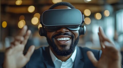 Office setting with a businessman wearing virtual reality goggles, smiling and making dynamic hand movements, immersed in a virtual experience.