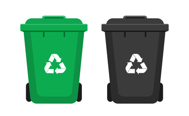 Plastic green and black trash cans illustration. Isolated on a white background. Vector illustration in flat style.	
