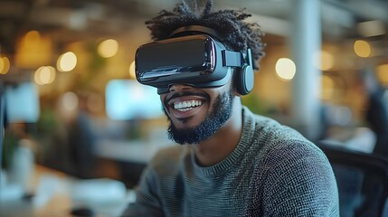 Corporate man wearing VR goggles, smiling while seated at his desk, engaging with a virtual interface in a high-tech office environment.
