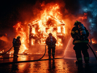 Old building in full flaming inferno, and a firefighter fighting the flames