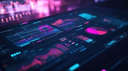 Obraz premium A futuristic dashboard displaying a diverse ETF portfolio with pie charts and graphs illustrating perfect asset allocation