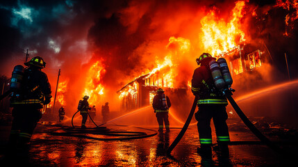 Old building in full flaming inferno, and a firefighter fighting the flames