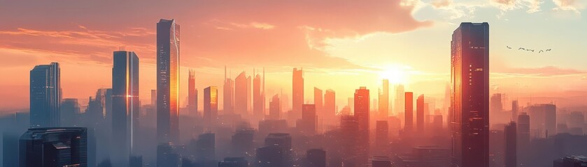 Fototapeta premium A futuristic city skyline at sunrise, with towering skyscrapers representing successful businesses