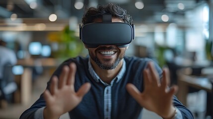 Smiling professional man at his desk, using virtual reality goggles to explore a digital world, making dynamic hand movements in a modern office.