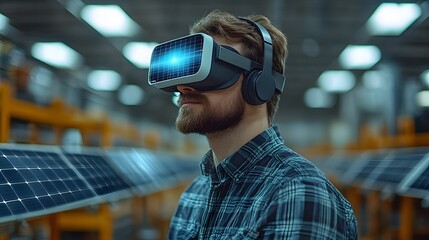 Office scene where an engineer uses a VR headset to develop solar panel projects, with advanced technology tools visible on the desk.