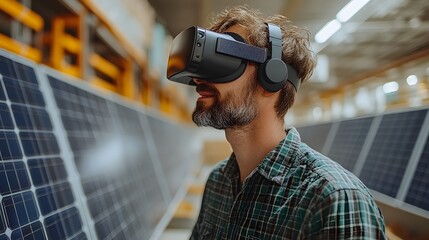 Office scene where an engineer uses a VR headset to develop solar panel projects, with advanced technology tools visible on the desk.