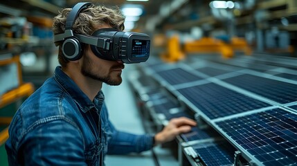 Office scene where an engineer uses a VR headset to develop solar panel projects, with advanced technology tools visible on the desk.